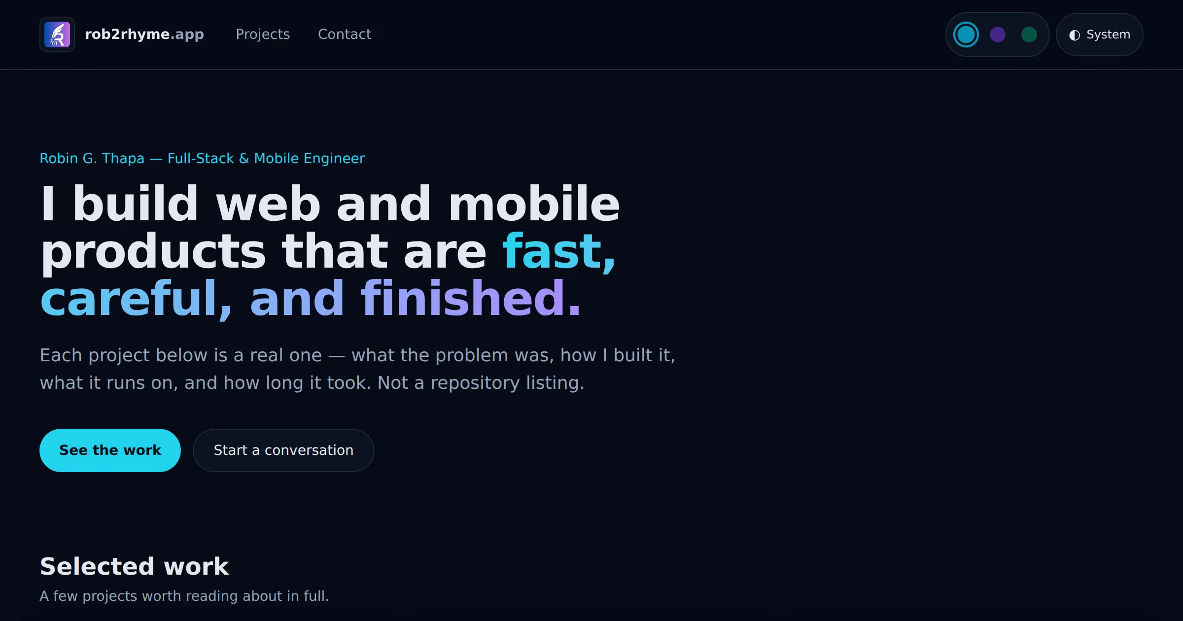 The rob2rhyme.app landing page in dark mode, showing the hero and the start of the selected-work grid.