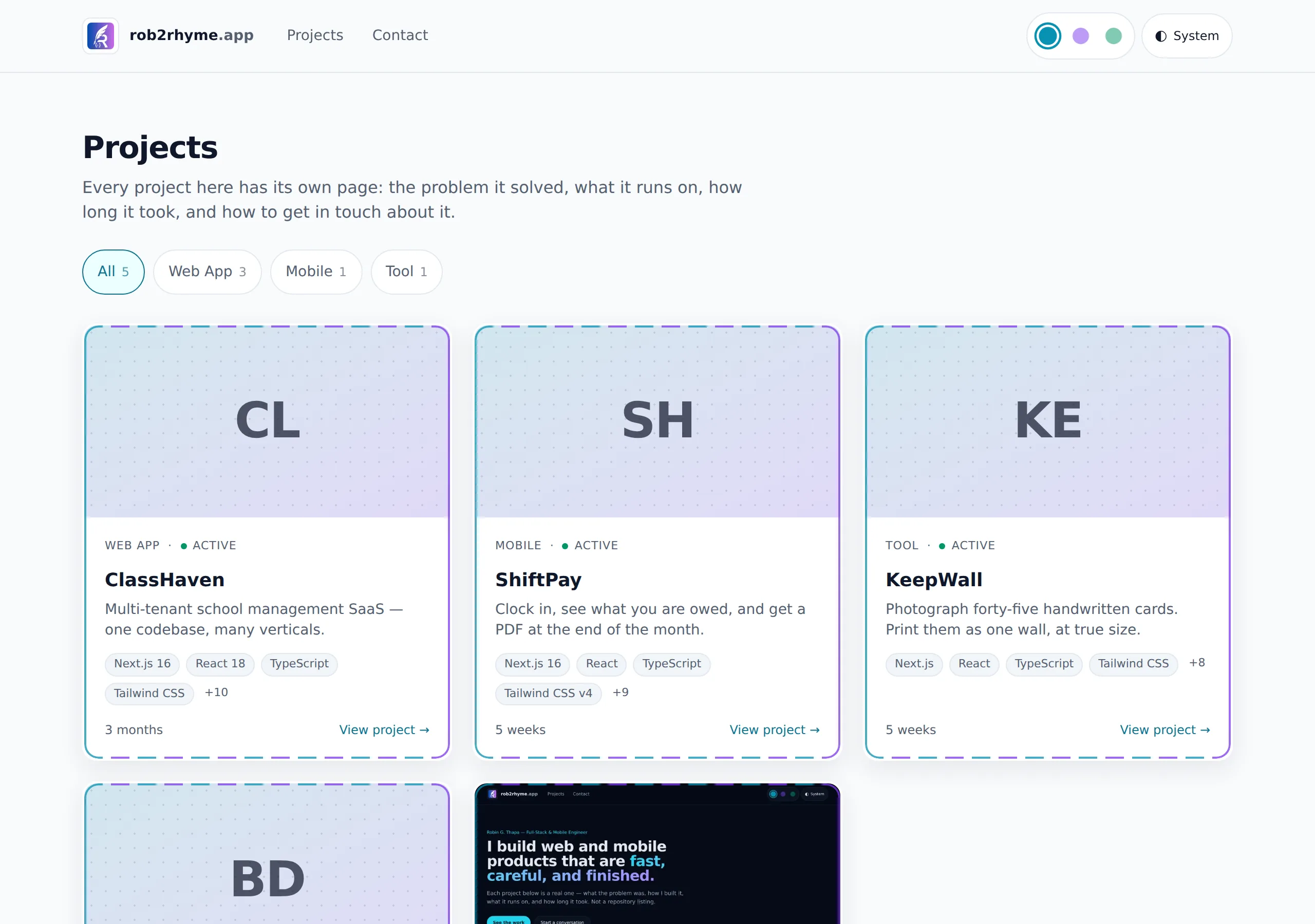 The projects index in light mode, showing category filters and a grid of project cards.