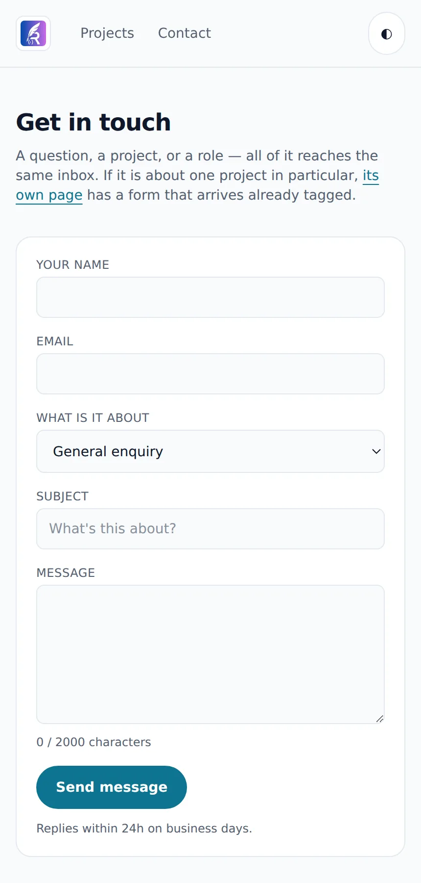 The contact page on a phone-width screen, showing the site header and the enquiry form.